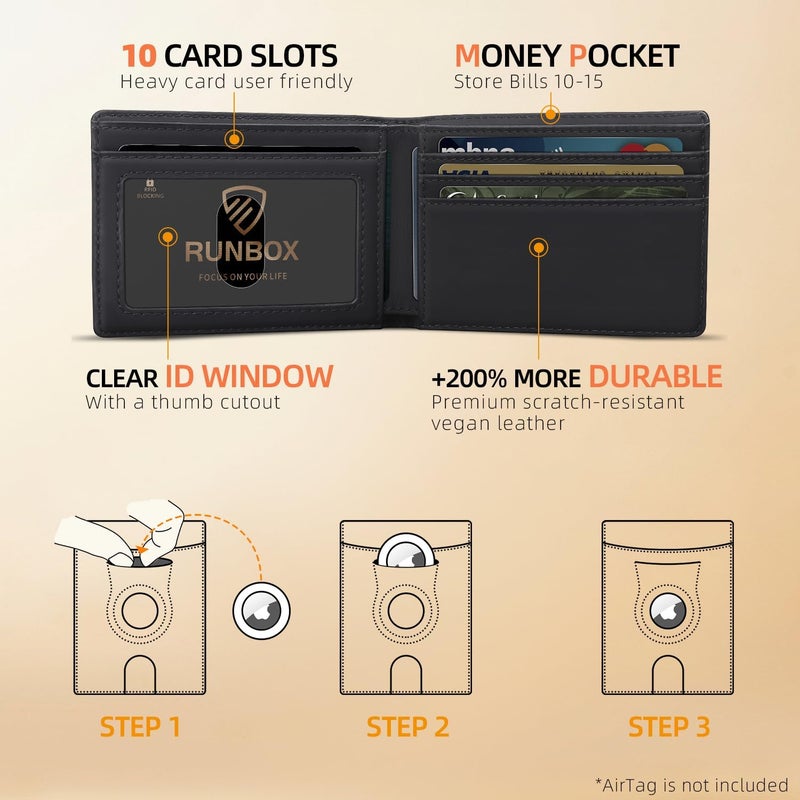 RUNBOX AirTag-Wallet-Mens-Slim-RFID Blocking Wallets Leather with Bill Compartment Air Tag Bifold Card Holder Wallet Gifts for Men Dad - Image 3